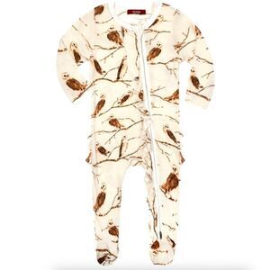 NWT! Milkbarn Owl Bamboo Ruffle Zipper Footed Romper Size 3-6M